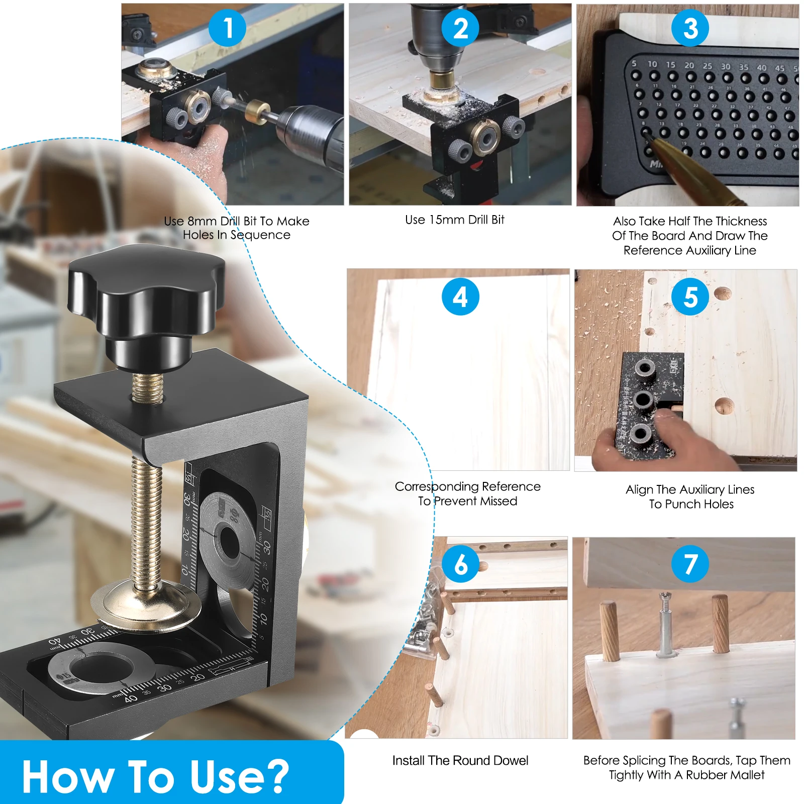 Pocket Hole Jig Kit Tool, 3 in 1 Woodworking Doweling Jig Kit with Positioning Clip Adjustable Drilling Guide Puncher Locator