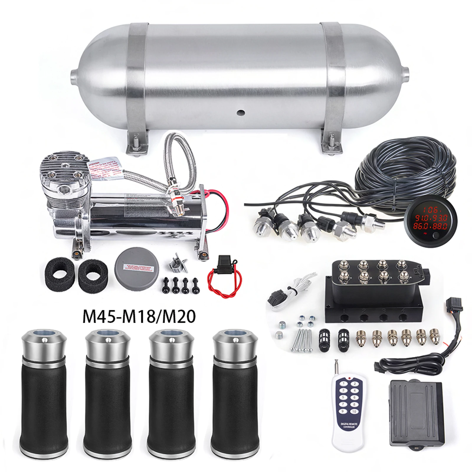 

Универсальный комплект подвески для воздушной езды, комплект для воздушной езды с манометром компрессора воздушного бака для M45-18/20, подушка безопасности, оригинальная замена