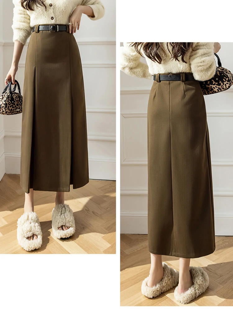 New 2023 Winter Wool Long Skirts For Women Retro High Waist Solid Pleated Skirt Vintage With Belt Brown Black Grey Falda Mujer