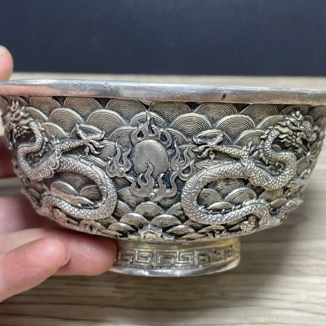 

Antique bronze objects collection relief Shuanglong Daqing play beads silver-plated antique Qianlong annual home craft ornament