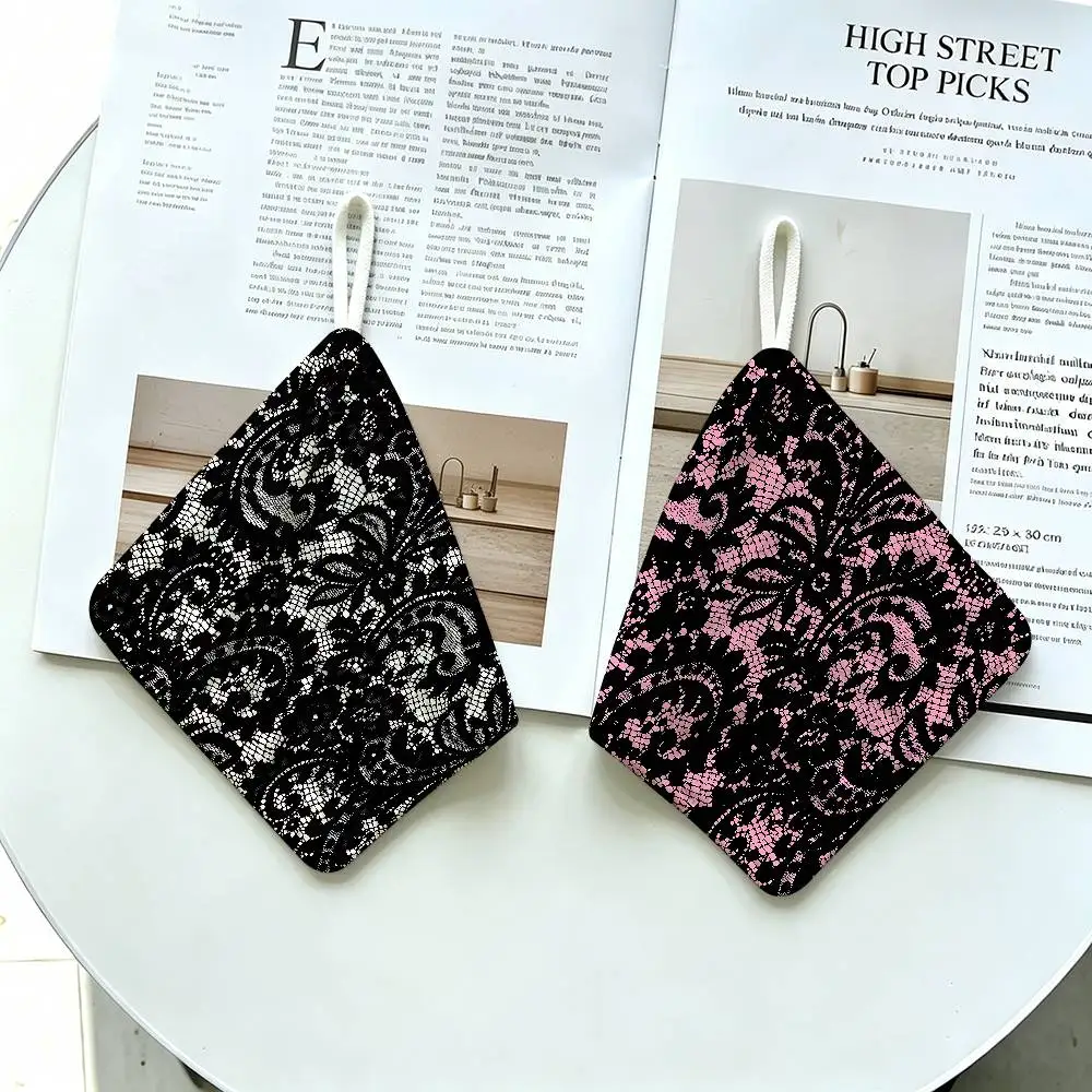 Black pink lace pattern Hanging Polyester Cotton Towel, Reusable Hand Wiping Cloth, Wear Resistant for Home Kitchen Sink