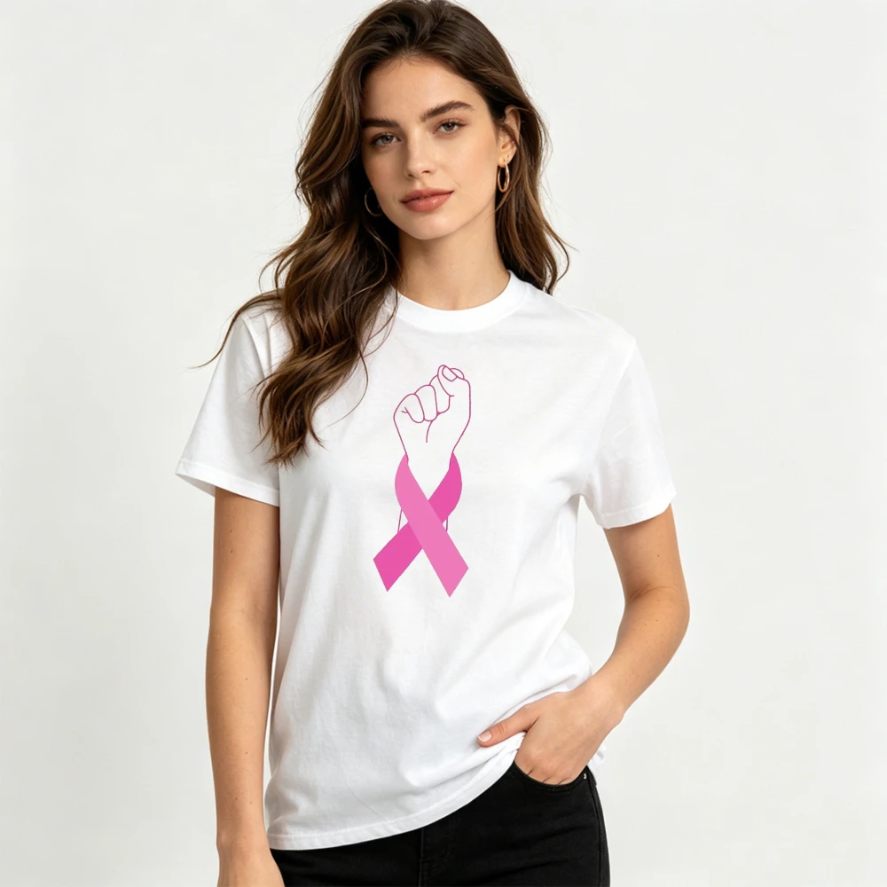 Fist Pink Ribbon Graphic Women Summer Cotton T Shirt Breast Cancer Warrior Strength Symbol Short Sleeve Tee