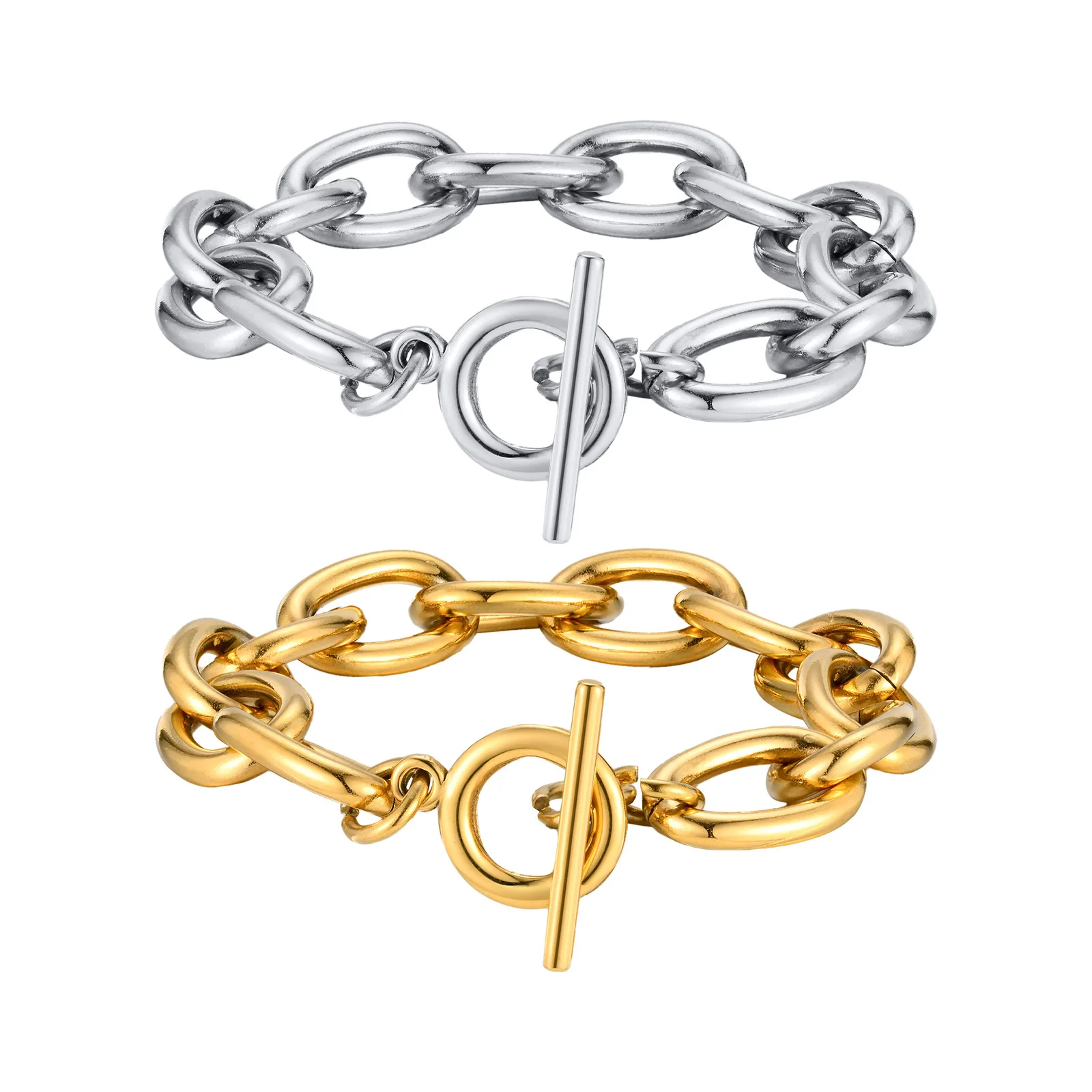 Pulsera de color dorado con hebilla OT de cadena cruzada redonda de acero inoxidable grueso europeo y americano