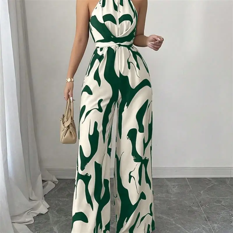 

New Summer Women's Retro Versatile Belted Slimming Loose Floral Print Wide Leg Neck Hanging Jumpsuit High Waist Long Pants