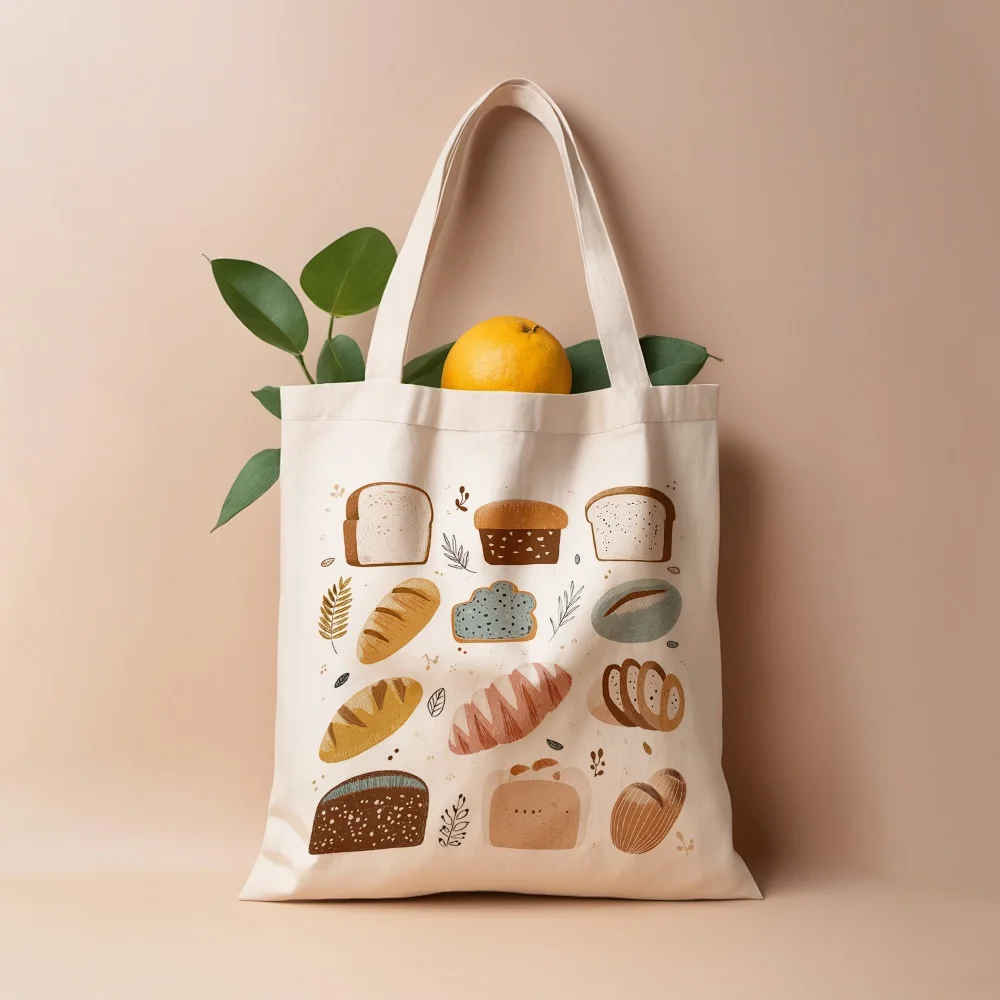 Rustic Bread Illustration Canvas Tote Bag Reusable Grocery Bag with Whimsical Bread Designs Travel Perfect Gift for Bread Lovers