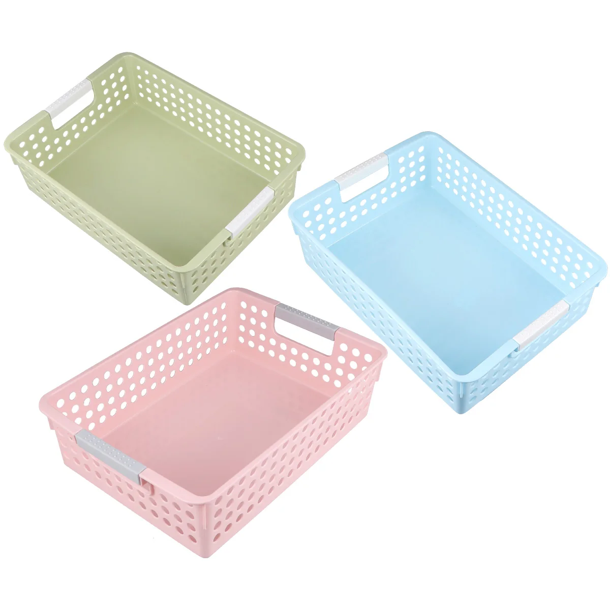 

3Pcs Plastic Storage Basket Desktop Hollow Out File Storage Box Container Document Organizer for Home Office (Pink+Green+Blue)