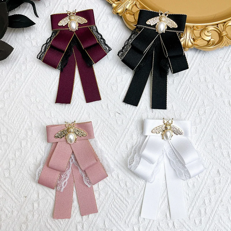 

Korean Bow Brooch Black Lace College Shirt Bowtie Collar Flower Handmade Jewelry Gifts Fashion Women's Accessories Pearl Bee Pin