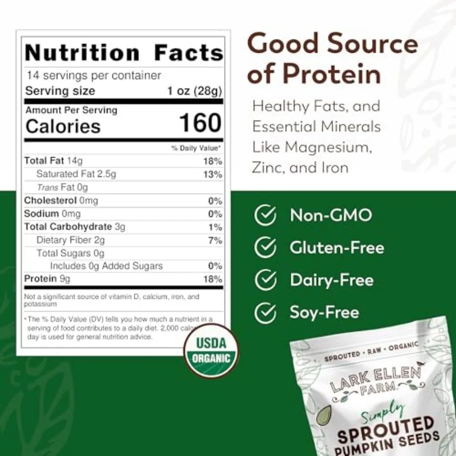 Lark Ellen Farm Sprouted Organic Raw, Unsalted, Air-Dried Pepitas for Snacking, Salads, Trail Mix USDA Organic, Non-GMO, Vegan,