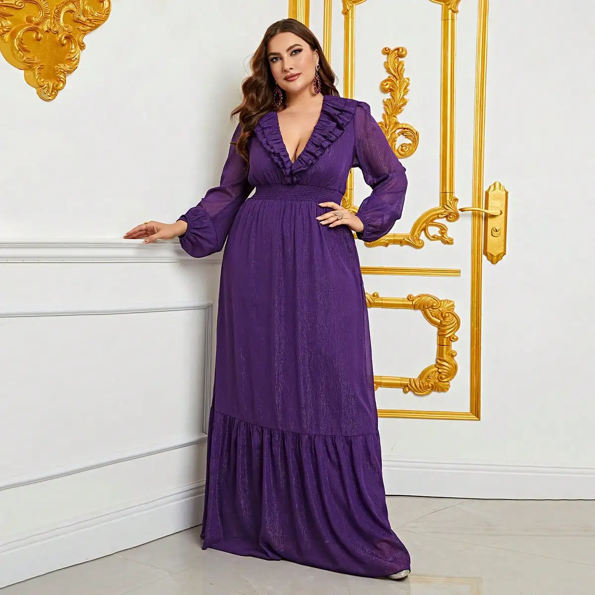 Plus Size Sweetheart Backless Long Sleeve Chiffon A line Dresses