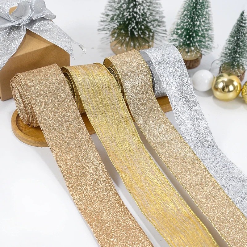 

5M Christmas Ribbon Golden Silver Champagne Polyester Gliter Ribbon DIY Bow Gifts Packing Craft Xmas Decoration Navidad New Year