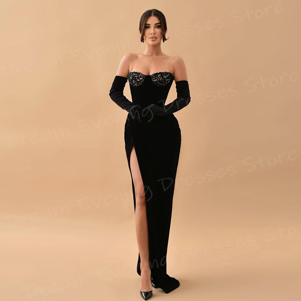 Classic Charming Black Mermaid Simple Women's Evening Dresses Sleeveless Strapless Prom Gowns High Side Split فساتين سعيد شارون