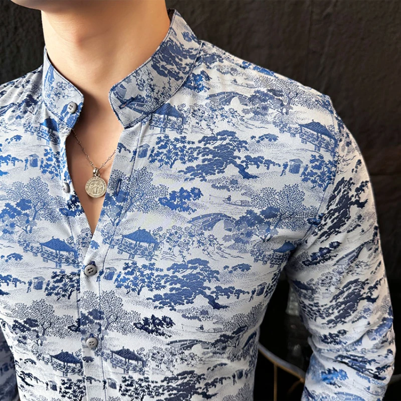 Camisa informal de cuello alto para hombre, ropa de calle de manga larga, ajustada, con estampado a la moda, para negocios y redes sociales, otoño