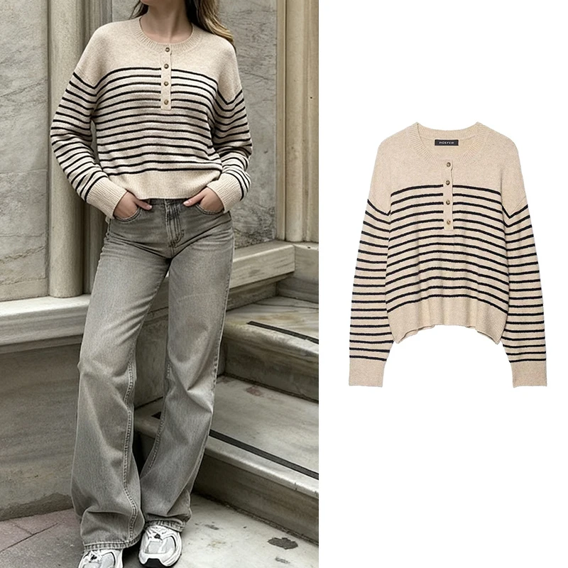 

Women Sweater Pullover 2025 Autumn Winter Fashion Long Sleeves Stripe Printing Women Sweater Pullover Elegant Hight Street Top