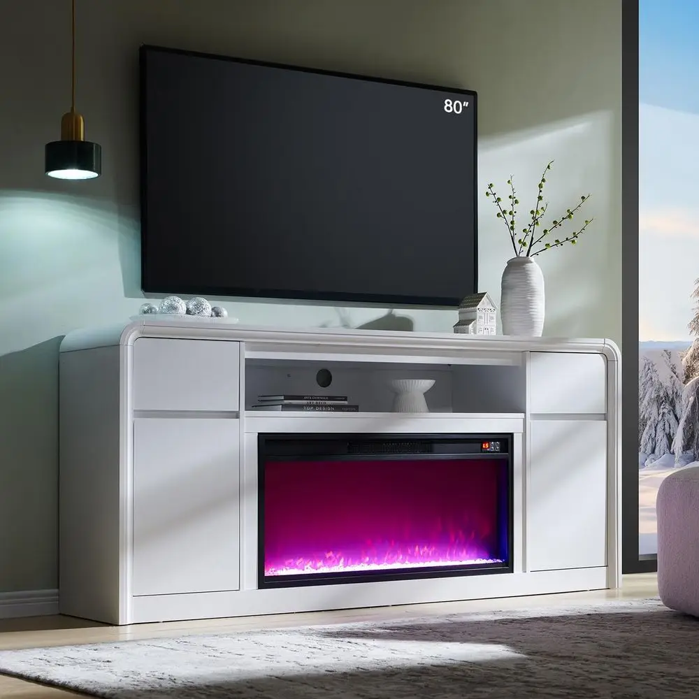 White 80 TV Electric Fireplace Stand, 36 LED, 32 Tall Entertainment Center with Storage & Curved Design