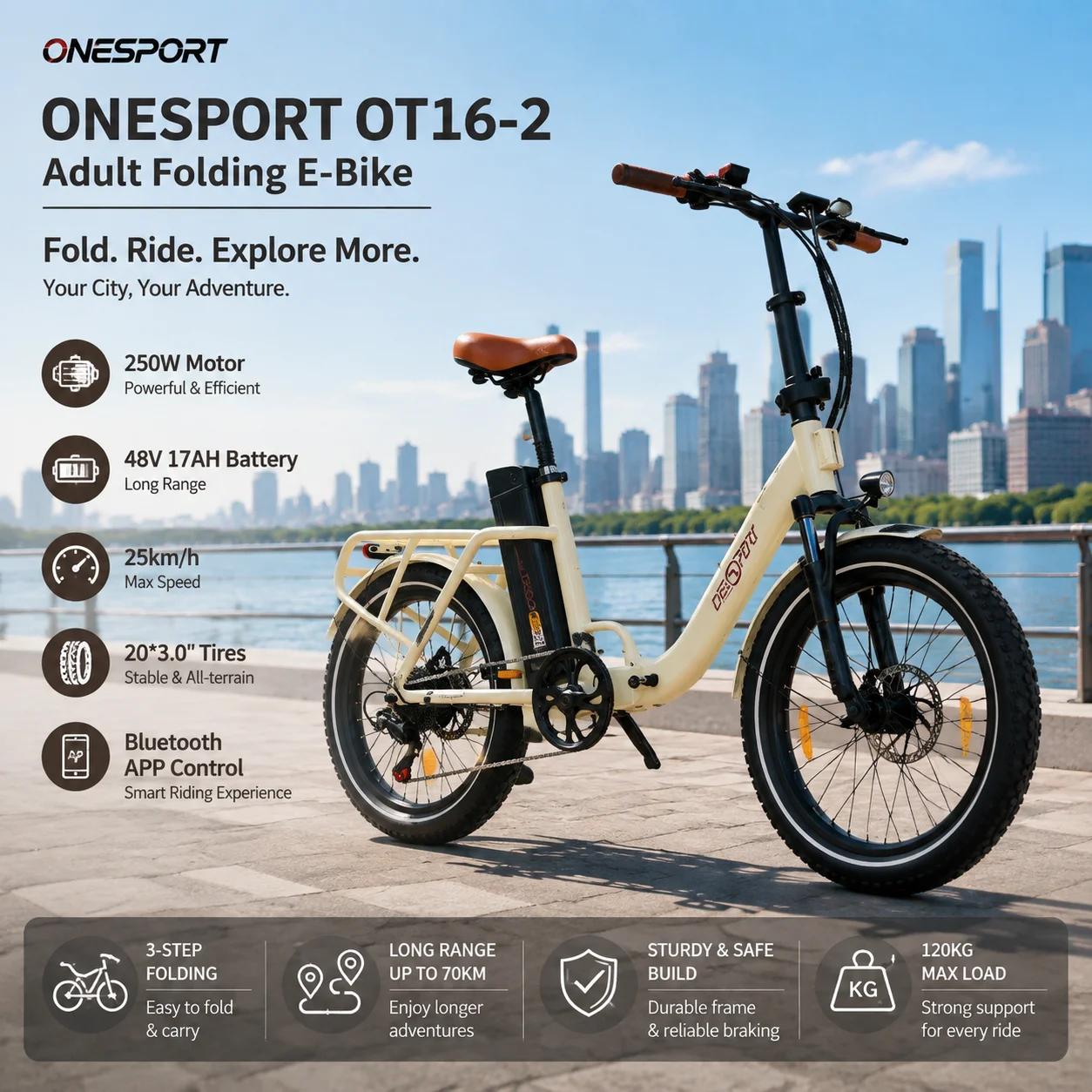 ONESPORT OT16‑2 Klappbares E-Bike für Erwachsene, 250W Motor, 48V17AH Batterie, 25 km/h Höchstgeschwindigkeit, 20*3.0" Reifen, Bluetooth-App-Steuerung, Shimano 7-Gang-Schaltung,