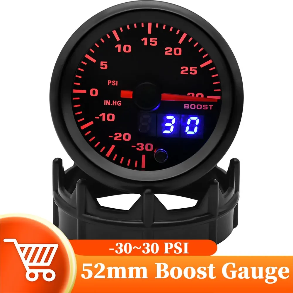 -30~30 PSI Car Turbo Boost Gauge 7 Colors LED Meter Analog/Digital Dual Display 52MM Gauge Holder for Racing 12V