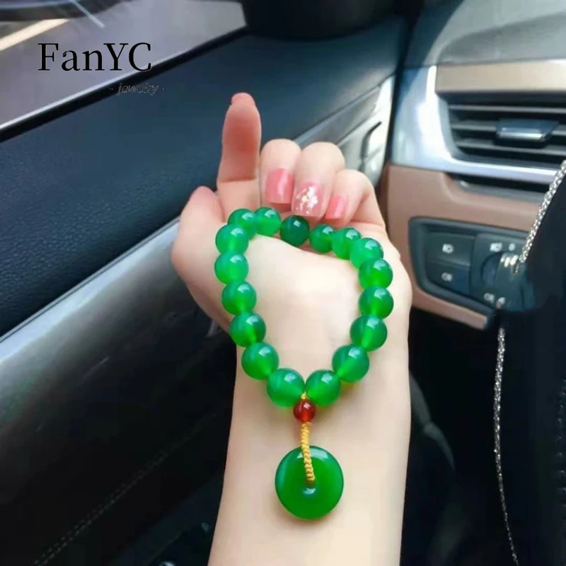 Natural High Ice Emperor Green Chalcedony Peace Buckle Bracelet Green Agate Women's Single Loop Bead String Exquisite Jewelry