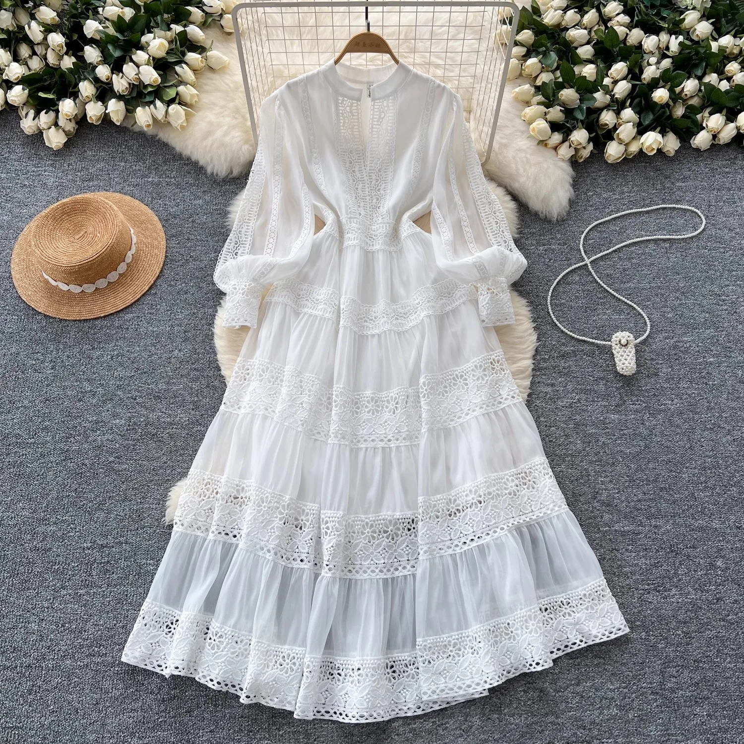 French Elegant Lace Embroidery Prom Long Dress Women's V Neck Lantern Sleeve High Waist Hollow Out Evening Party Robe Clothing