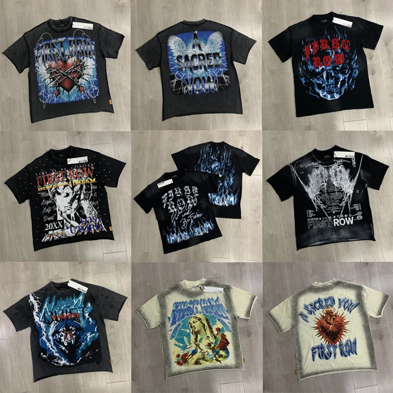 

Американская трендовая футболка FIRST ROW, уличная одежда в стиле хип-хоп с пламенным принтом и коротким рукавом, высококачественные потертые футболки Old First Row