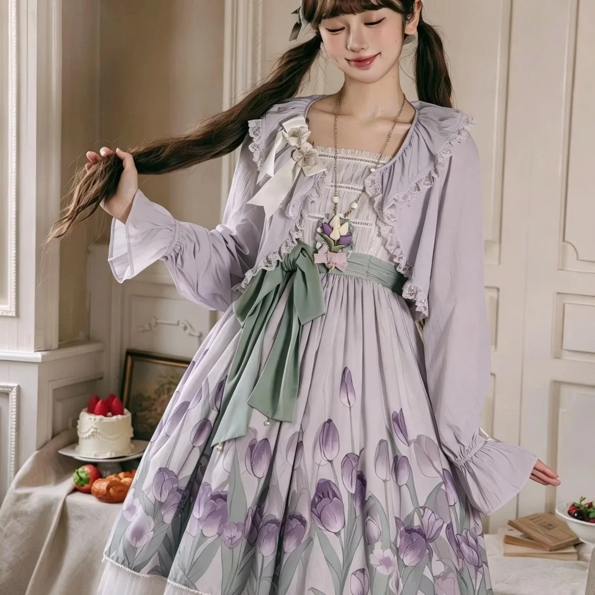 Japanese Kawaii Lolita Style Short Cardigan Women Sweet Bow Lace Reffles Long Sleeves Coat Korean Fashion Elegant Y2k Crop Tops