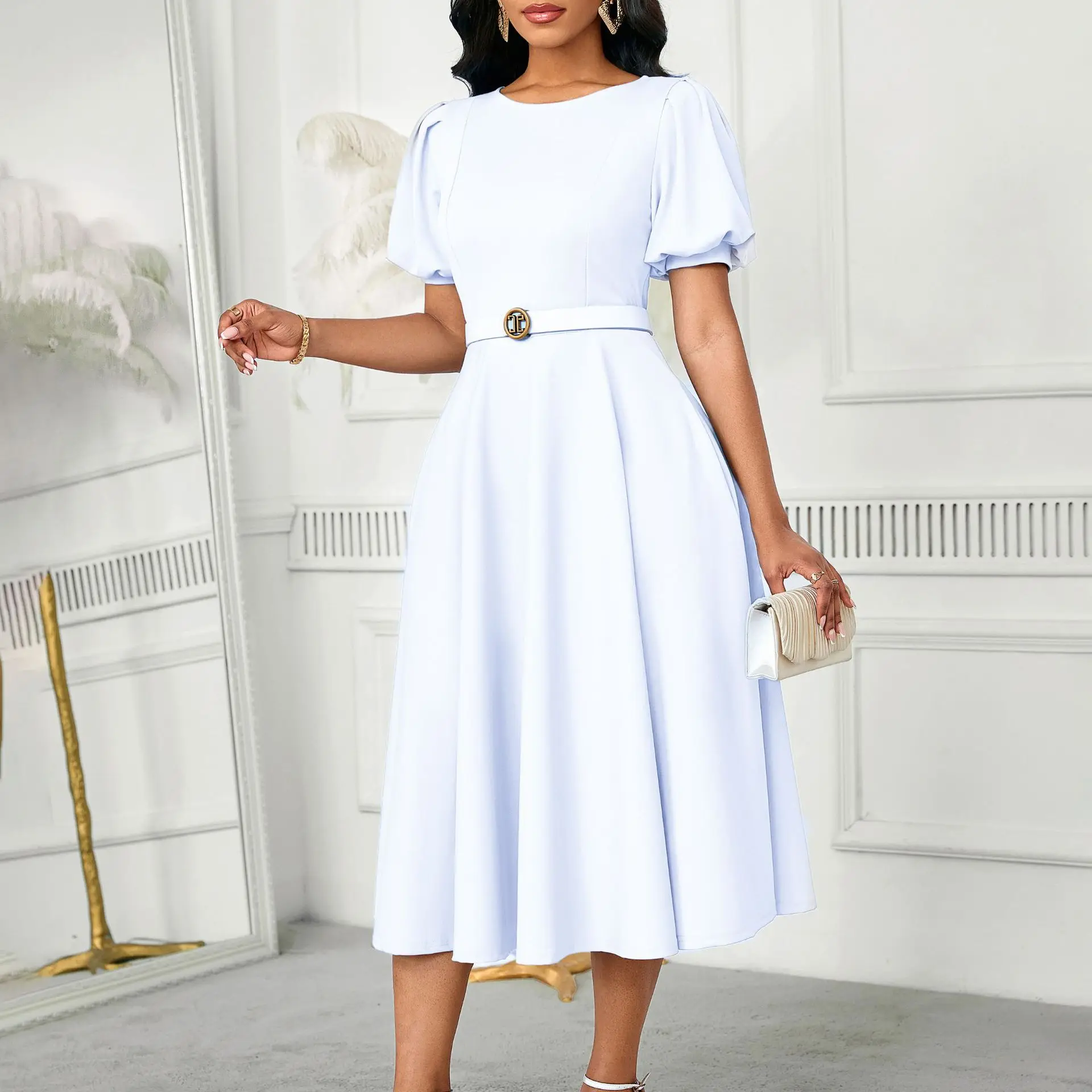 African Clothes for Women Autumn Fashion African Short Sleeve Polyester Party Evening Pleat Midi Dress Outfits Africa Clothing