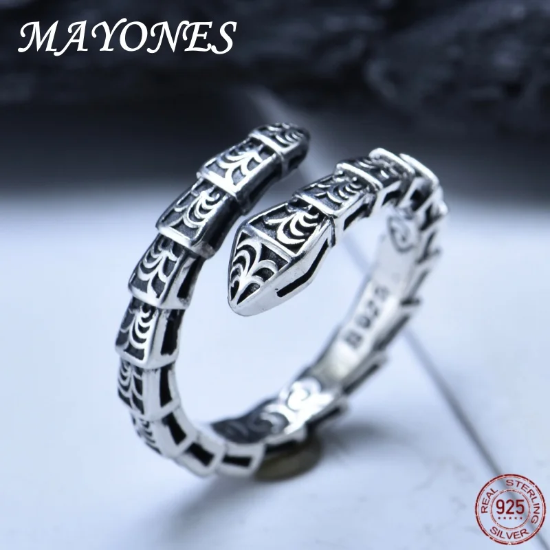 MAYONES S925 Sterling Silver Charm Ring Women's Retro New Fashion Snake Vine Grass Pattern Punk Jewelry