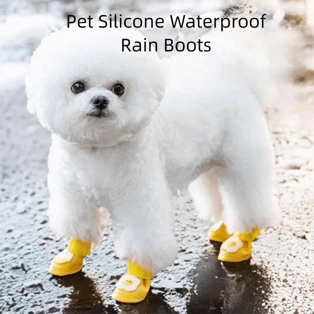 

4Pcs/Set Silicone Pet Rain Boot Waterproof Wear Resistance Pet Paw Protector Cartoon Anti Slip Sole Outdoor Dog Footwear
