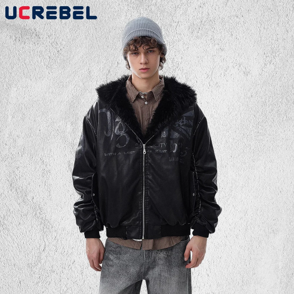 

Стеганая куртка из искусственной кожи с капюшоном и буквенным принтом, мужская зимняя стеганая куртка в стиле ретро, свободные плиссированные рукава, толстая стеганая куртка