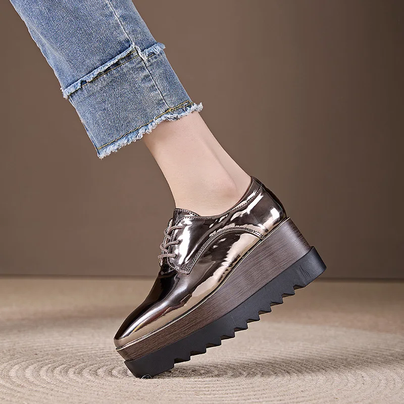 Shoes Woman 2025 Square Toe Oxfords Female Footwear Patent Leather Ballet Flats British Style Clogs Platform New Cross Dress Sum
