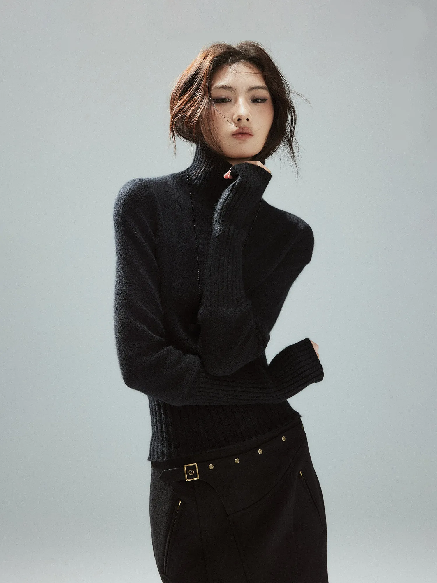 

American Style High Collar Knitted Sweater Women's Thumb Hole Long Sleeve Soft Casual Top Autumn Winter Black Slim Fit Base S...