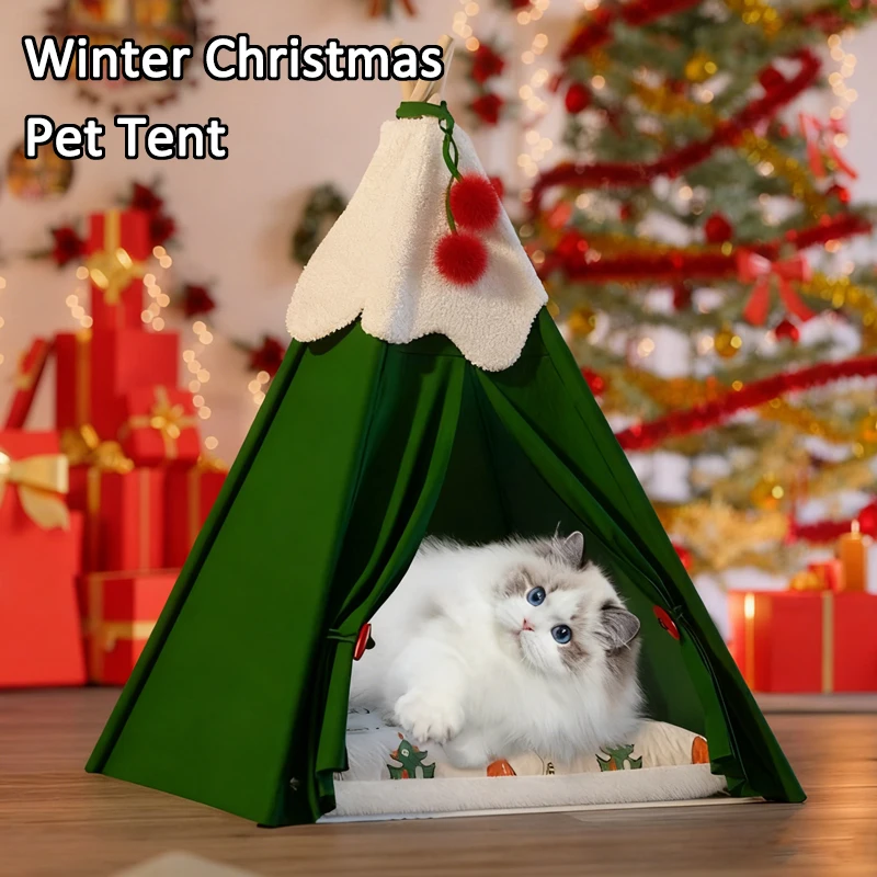 

Christmas Pet Tent Warmth Soft Foldable Cotton Portable Structure Stable Pet Teepee Bed Home Holiday Decor Gift Pet Supplies