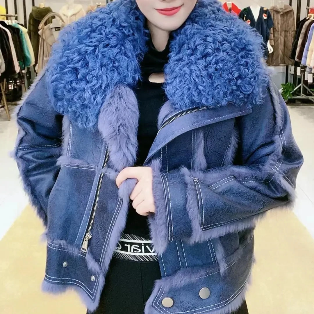 New Lamb wool collar Fur Coat 2024 Autumn Winter Women's Thicken Motorcycle Jackets Female Warm Parker Short Zipper Overcoat