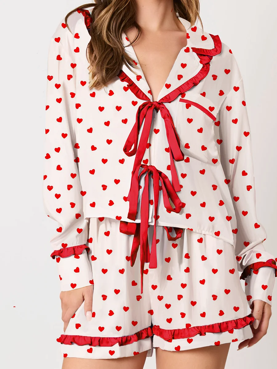 

New Fashion Women Pajamas Set Heart/Bow Print Tie Front Long Sleeves Tops And Elastic Shorts For Loungewear Soft Sleepwear S-XL