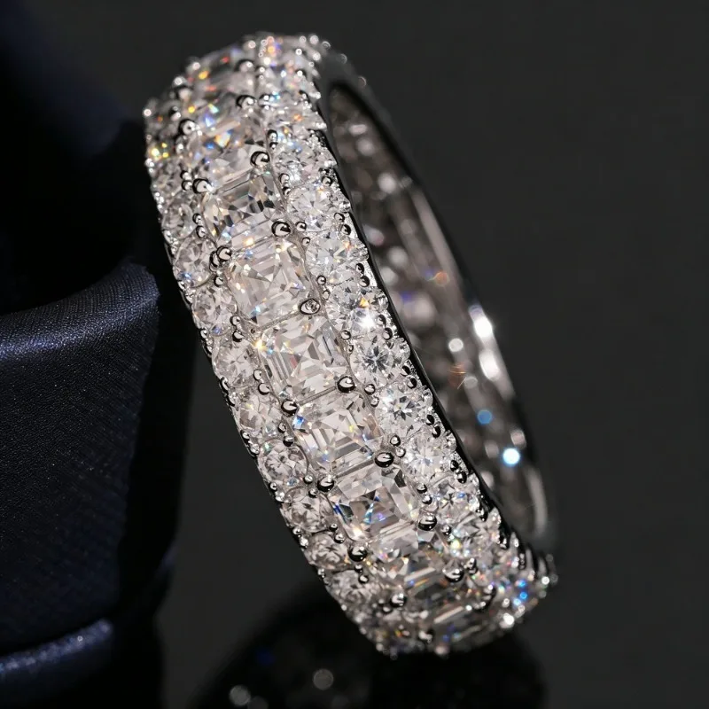 

S925 Silver Asscher Cut Moissanite Eternity Ring Wedding Band Hiphop Rock Bling Diamond Party Rings Pass Tester with Gra Gift