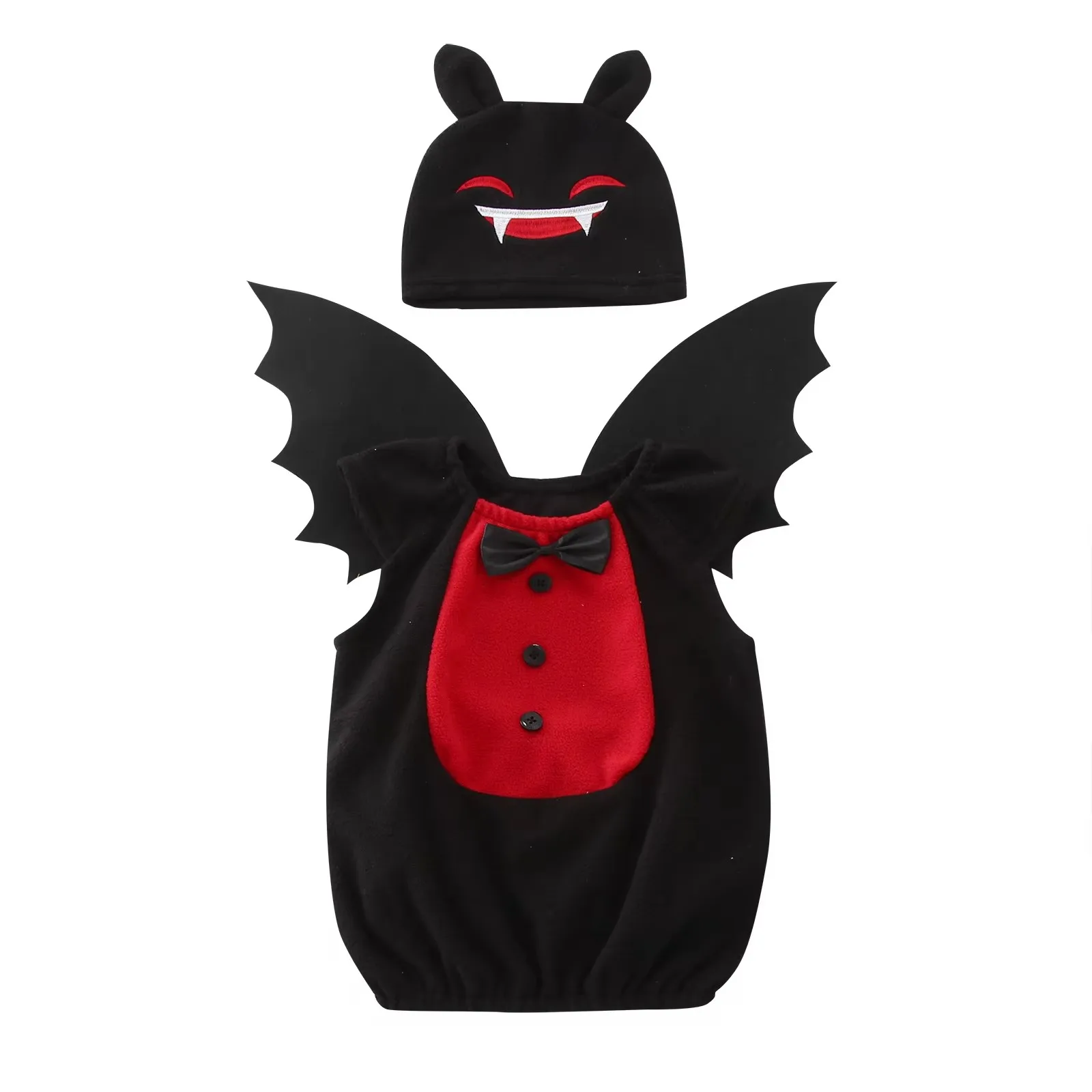 Umorden Infant Baby Boys Girls Halloween Bat Costume Romper Bodysuit Wings Hat 3pcs Set Fleece Devil Vampire Costumes view 5