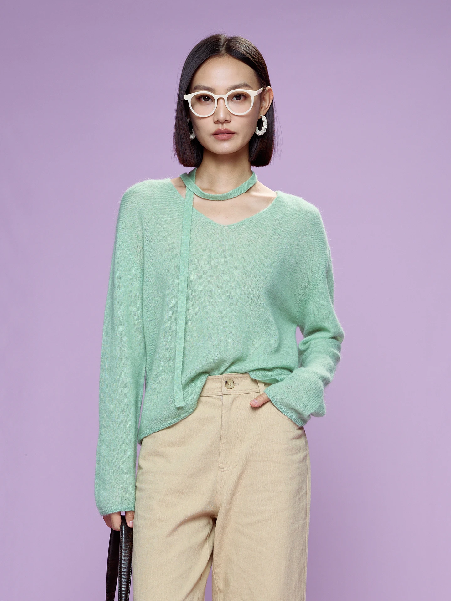 

Женский вязаный топ Fay-Fayee с V-образным вырезом и поясом, весна 2026, для повседневной носки, простой, элегантный, высококачественный, для многослойных образов, из шерстяной смеси, с длинным рукавом