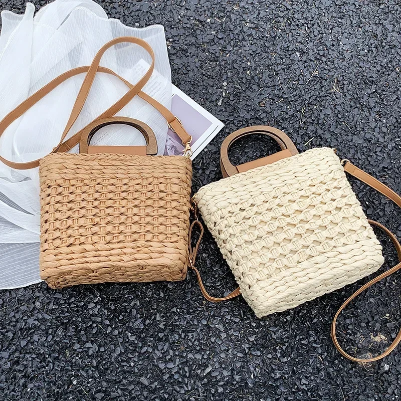 Tas tangan jerami musim panas untuk wanita tas pantai pantai berongga buatan tangan tas Tote belanja Totes tas bahu Bolsa