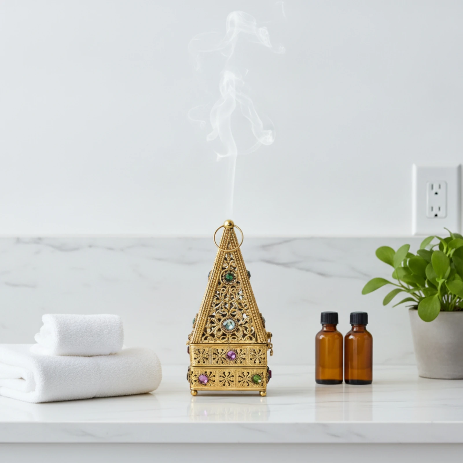 Metal Incense Burner with Scoop Ornate Pyramid Incense Burner Censer Decorative Decor Hollow-out for Meditation Practitioners