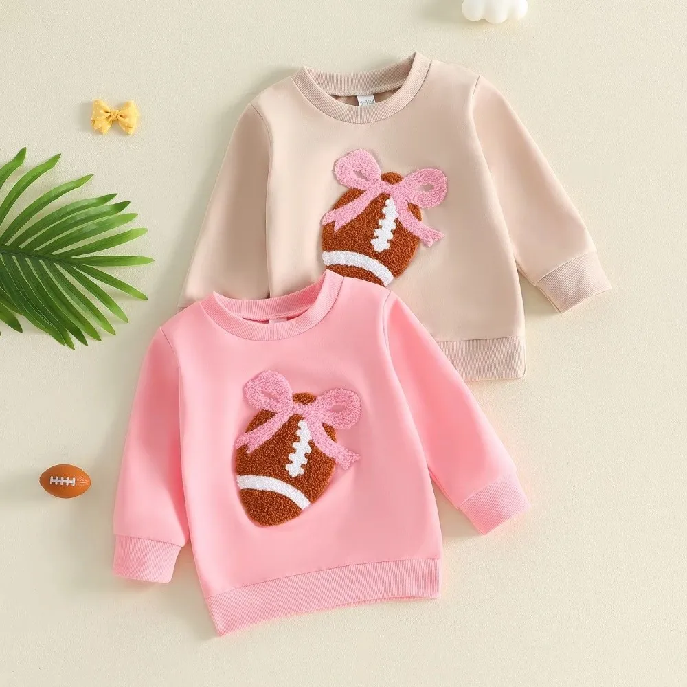 Crew Neck Crew Neck Sweatshirt Chenille Patch Long Sleeve Long Sleeve Pullover Football Patch Bow Design Girls Sweatshirt Top
