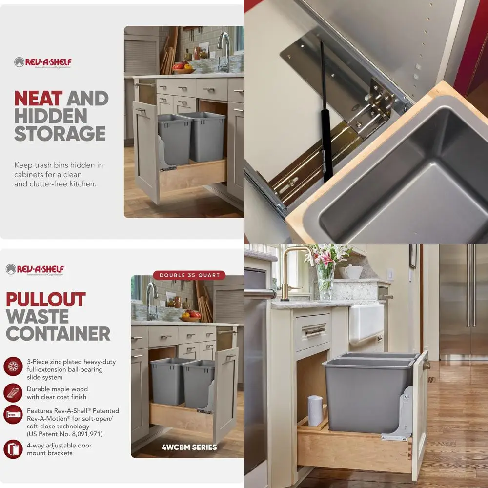 

35 Double Pullout Trash Cans with Soft-Close, 150lb Slides, Gray, 4WCBM-18DM-2