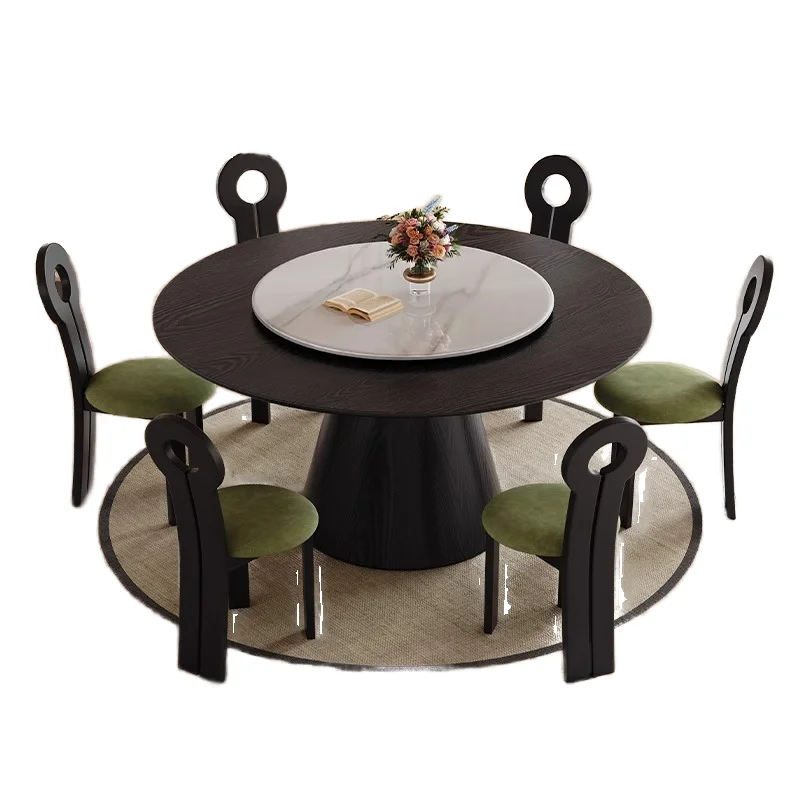 #French Retro Solid Wood Dining Table with Rotating Disc Modern Design for Small Home or Apartment Includes Four Chairs