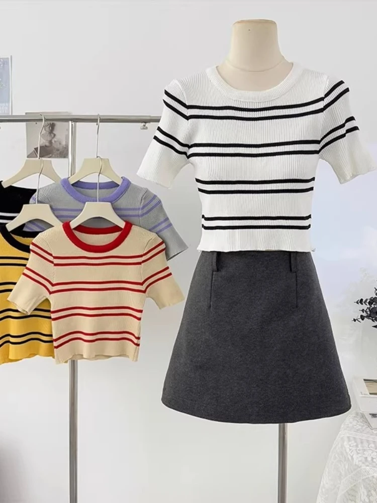 2026 Spring Summer Sweet Color Blocking Women T-shirt Striped O-neck Short Sleeve Knit Top Slim Fit Age-reducing Trendy Crop Top