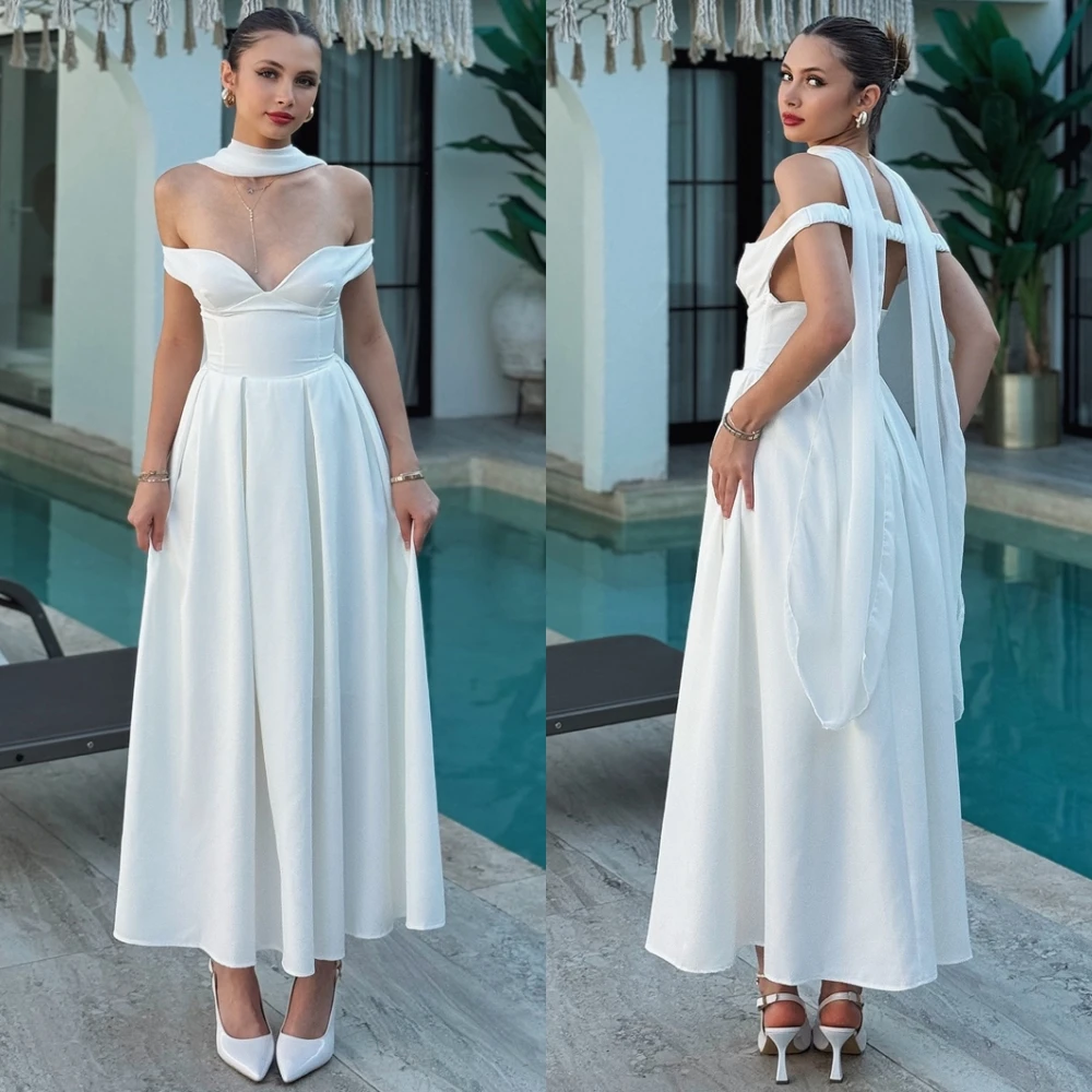 فستان سهرة مخصص برقبة قارب وأزياء رائعة من الساتان للمناسبات الخاصة وفساتين الحفلات بأكمام قصيرة رقيقة