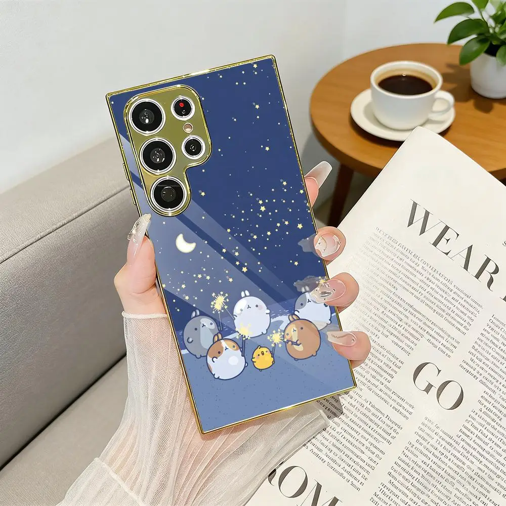 Kawaii Cartoon M-Molang Phone Case Luxury Electroplated Metal Frame Case For Samsung Galaxy S25 S24 S23 Ultra