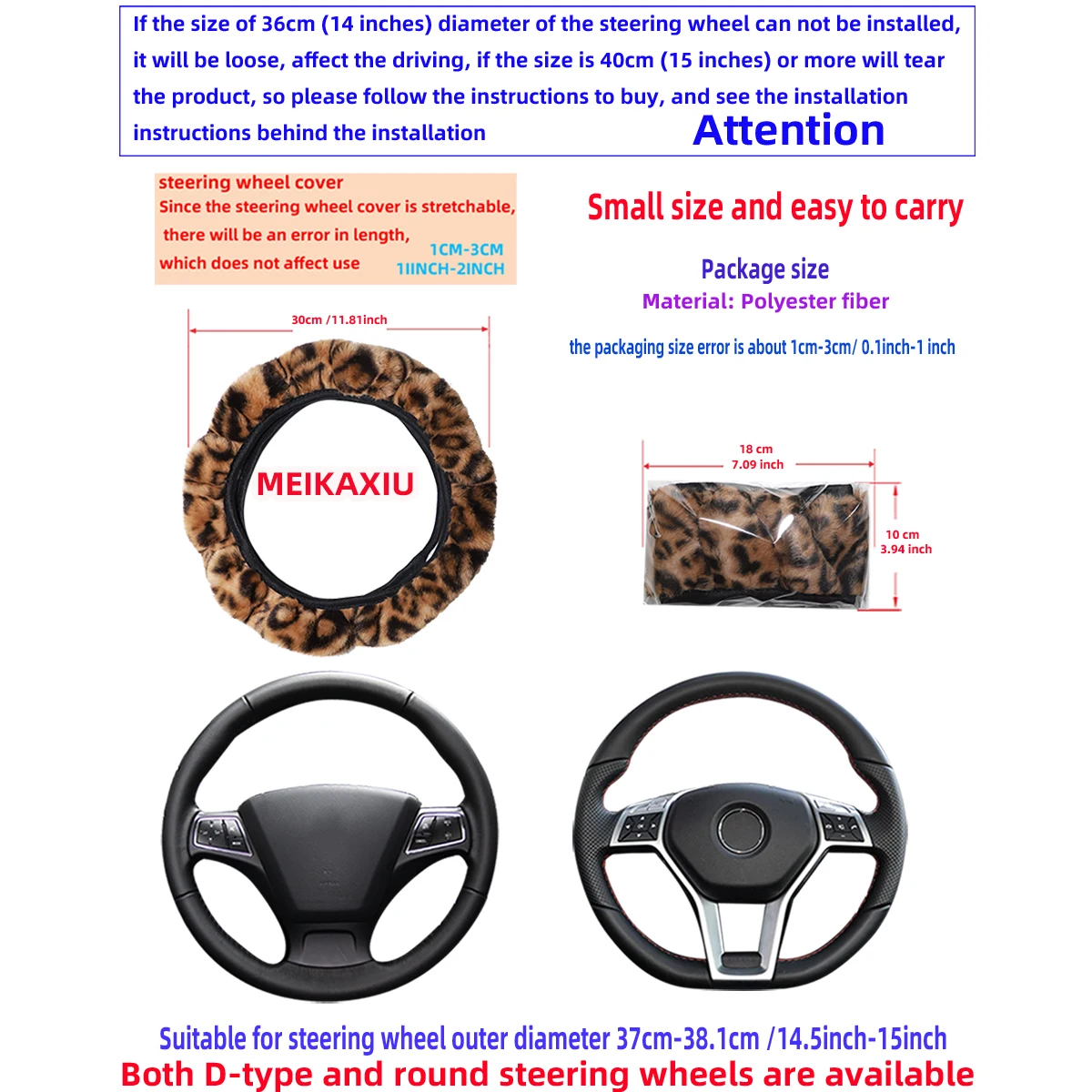 Leopard Print Artificial Mink Fur Steering Wheel Cover Winter Warm Wrap Imitation Leather 14.5-15 Inch Car Rimless