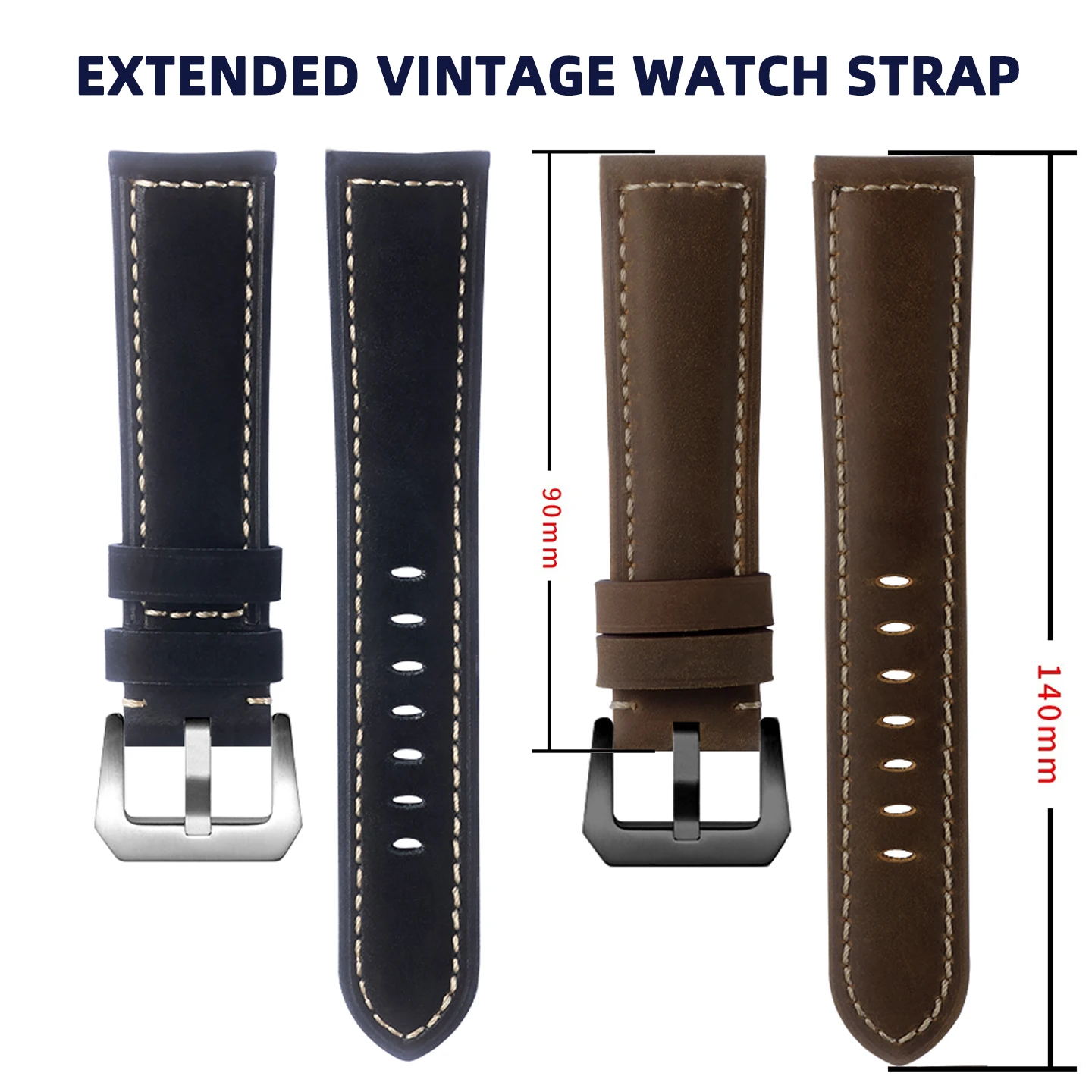 XL Extended 140+90mm Leather Strap Suitable for Panerai DIESEL Watch Retro Handmade Crazy Horse Leather Strap Men's 22mm 24mm