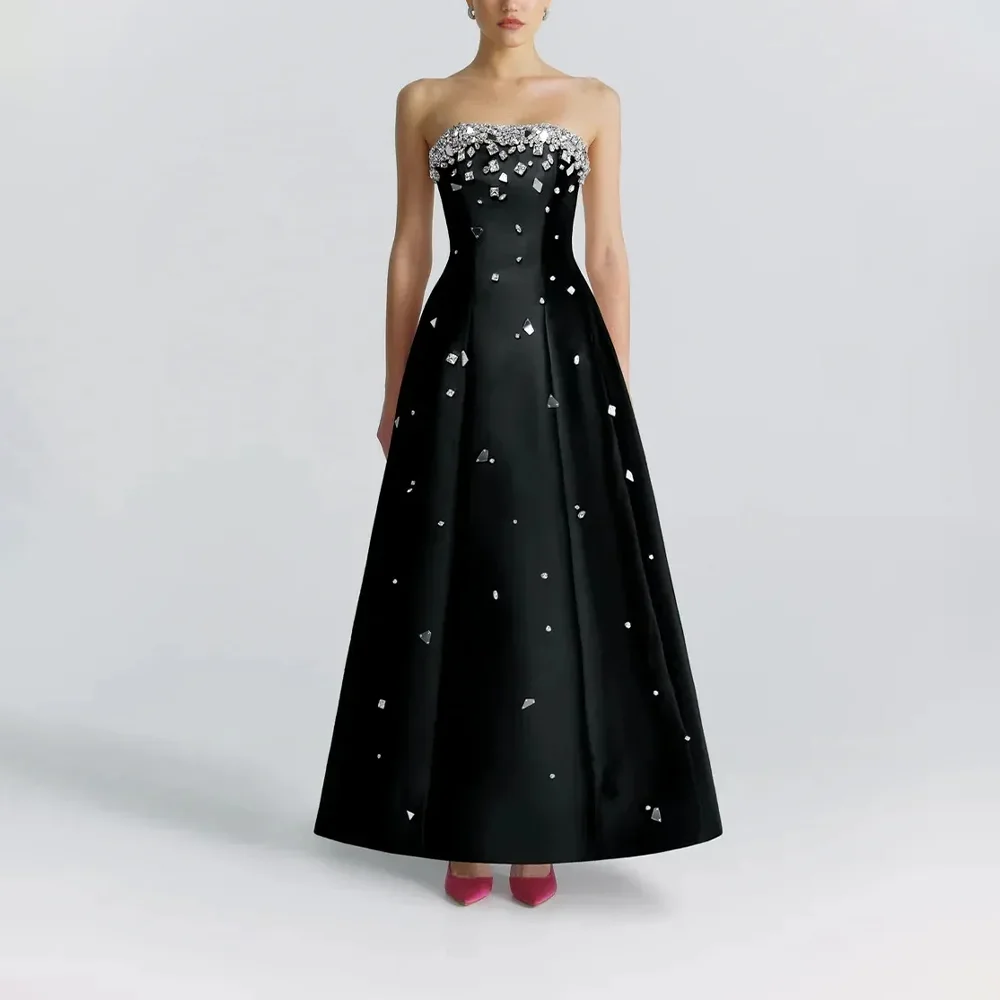 فساتين سهرة أنيقة مطرزة باللون الأسود بدون حمالات فساتين حفلات رسمية بطول الكاحل مطرز بالخرز فساتين لحضور الحفلات الموسيقية حسب الطلب