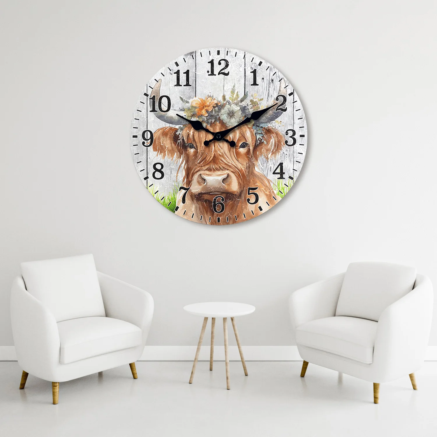 Creative Highland Cow Wearing Pattern Wooden Wall Clock Living Room Bedroom Kitchen Home Decoration Wall Clock Silent Quartz Clock Holiday Gift 11.2inch Inch 15.6inch Inch (No Battery)