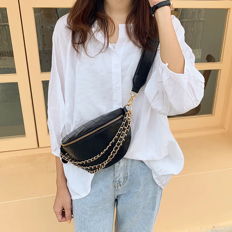 Elegant Diamond Lattice PU Leather Chain Waist Bags For Women Black Waist Packs Female Fanny Pack Wide Belt Strap Crossbody Bag