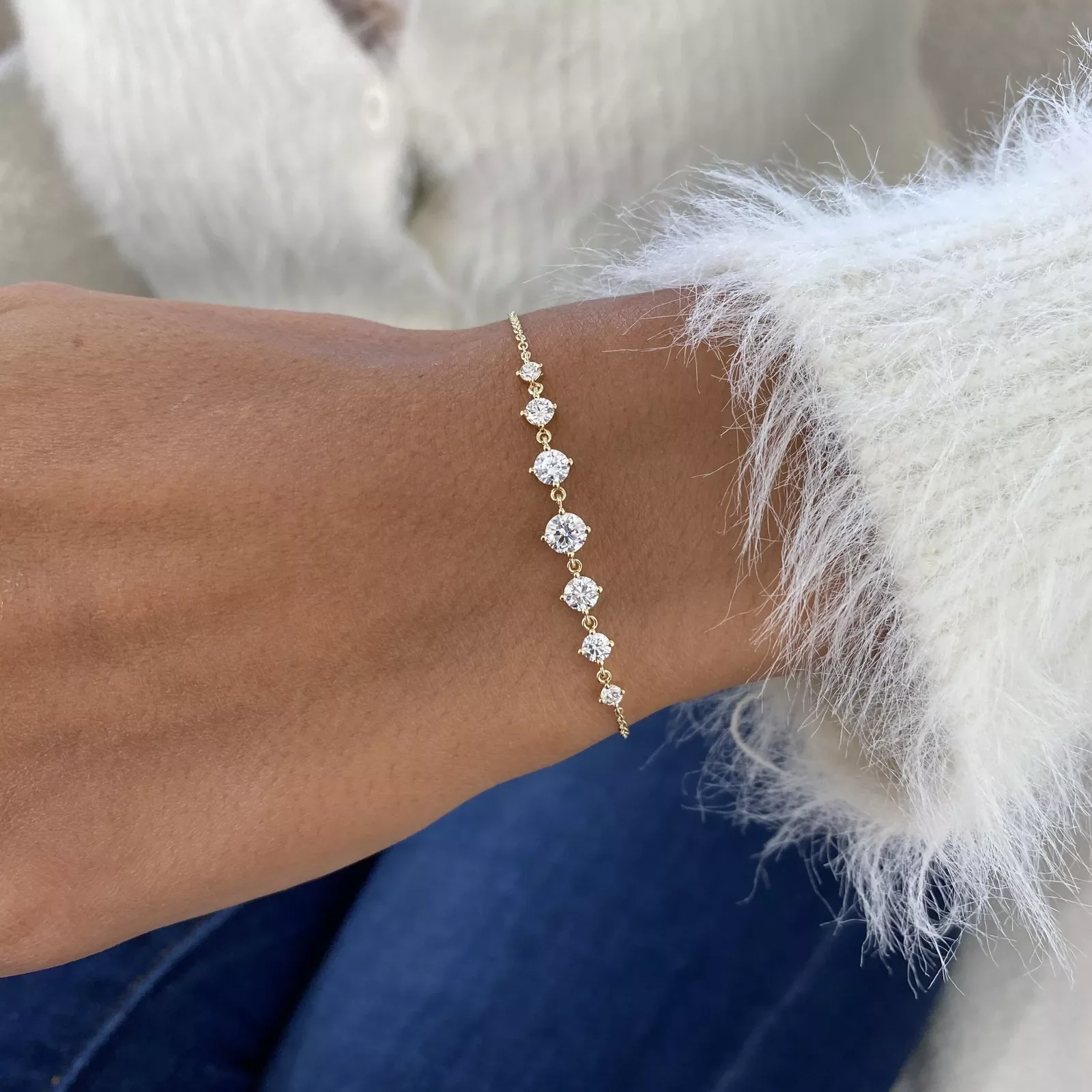 

Браслет DEF VS-VVS из желтого золота 14 карат с бриллиантовой станцией, созданный в лаборатории, круглый зубец, всего 1 Ctw, свадебный браслет с бриллиантами для женщин